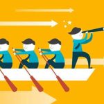 A vector illustration showing a leader guiding his team on as they're paddling to their goal